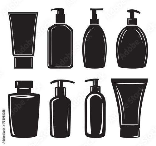 Lotion Packaging Icons. Solid, filled icon set of lotion packaging pump bottle, squeeze tube, jar, spray bottle. Solid Cosmetic Icon Collection.