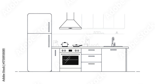 Kitchen Interior Outline: Refrigerator Stove Sink and Cabinets.