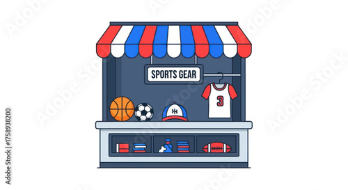 Cartoon Illustration of a Sports Gear Shop with Displayed Items.