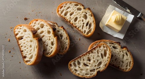 Sourdough bread slices with butter and knife overhead view