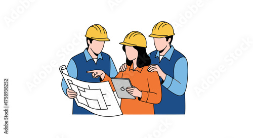 Three Construction Workers Reviewing Blueprints and Tablet.