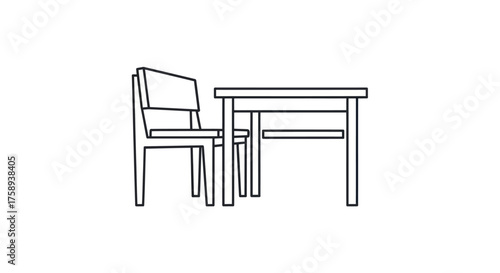 Simple Outline Drawing of Wooden Table and Chair.