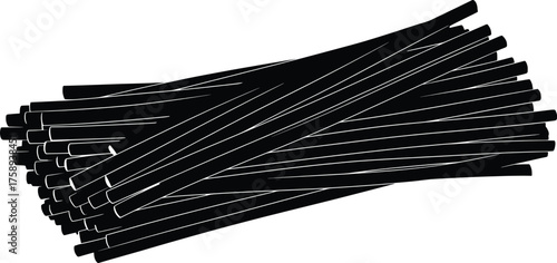 A high-resolution black silhouette vector illustration of a jumbled pile of thin sticks or abstract rods. This detailed graphic element features a bundle of long objects isolated on a clean background