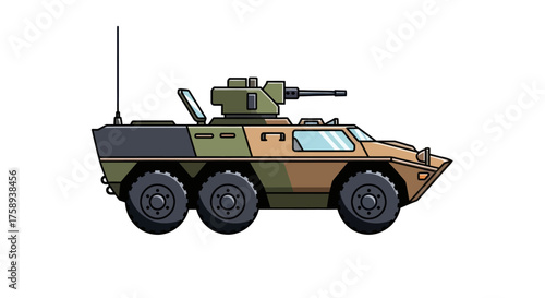 Armored Military Vehicle with Camouflage and Gun Turret.