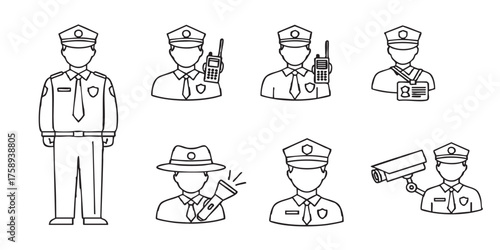 Set of security guard outline icons vector
