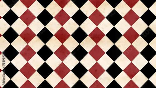 Vintage Harlequin Diamond Seamless Pattern Background in Red, Black, and Cream Grunge Texture