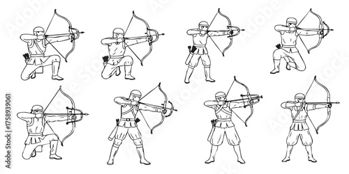 Set of crossbow archer outline icons vector
