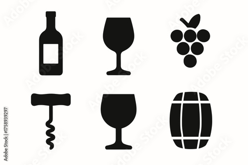 Wine icons set: bottle, glass, grapes, corkscrew, barrel silhouettes