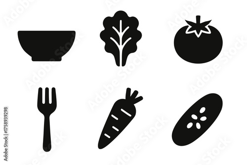 Black silhouette icons of bowl, lettuce, tomato, fork, carrot, cucumber