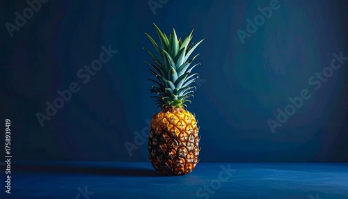 A Single Ripe Pineapple Stands Tall Against a Dark Blue Background.