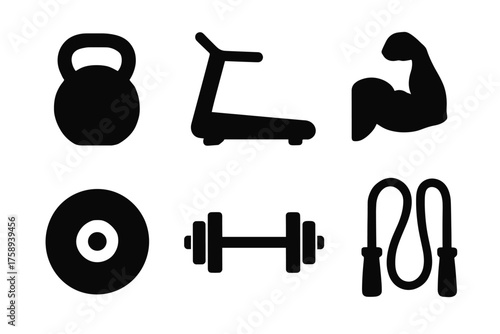 Set of fitness icons: kettlebell, treadmill, dumbbell, jump rope, arm flex, weight plate