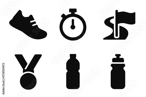 Set of sports icons: shoe, stopwatch, flag, medal, water bottle
