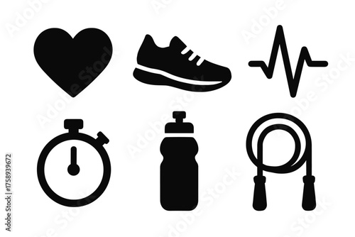 Fitness icons: heart, running shoe, heartbeat, stopwatch, water bottle, jump rope