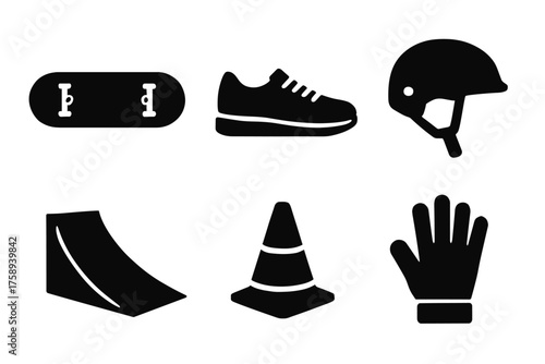 Skateboarding gear and equipment icons: board, shoes, helmet, ramp, cone, glove