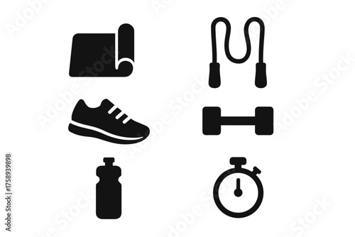 Fitness equipment icons: mat, jump rope, shoe, dumbbell, water bottle, timer