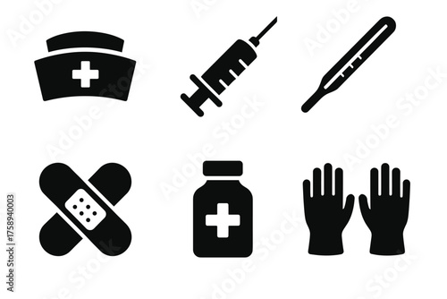 Medical icons: nurse cap, syringe, thermometer, bandage, medicine bottle, gloves