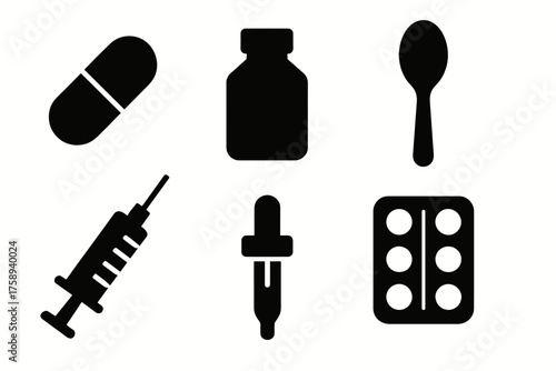 Medical icons: pills, syringe, dropper, bottle, spoon, blister pack symbols