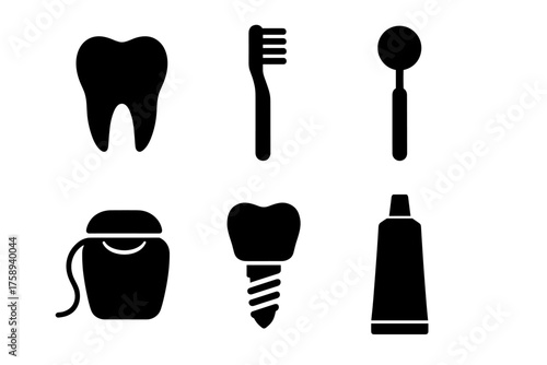 Dental care icons: tooth, toothbrush, mirror, floss, implant, toothpaste