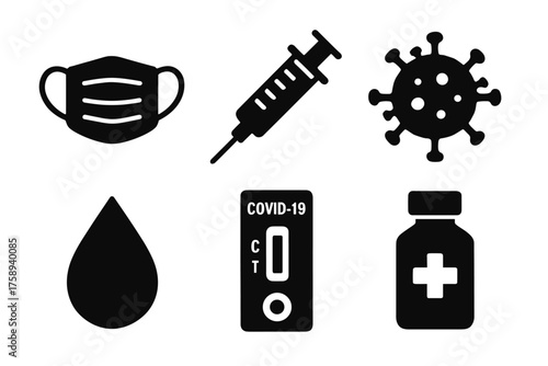 Covid-19 icons: mask, syringe, virus, blood drop, test kit, medicine bottle