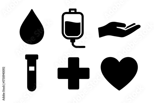 Medical icons set: blood drop, iv drip, hand sanitizer, thermometer, first aid, heart symbol