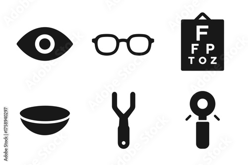 Eye care icons: vision test, glasses, ophthalmoscope, eye chart
