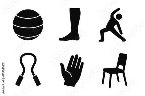 Silhouettes of fitness: exercise ball, leg, yoga, jump rope, hand, chair