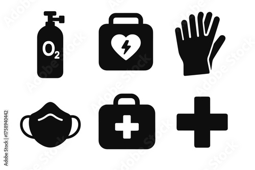 Emergency medical kit icons: oxygen, defibrillator, gloves, mask, first aid, cross