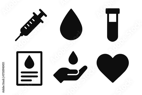 Medical icons set: syringe, blood drop, test tube, heart, and hand symbol