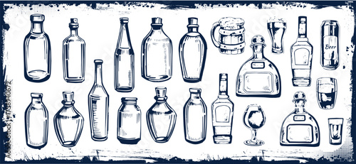 Different bottles with alcohol and different glasses. Vector illustration in sketch style