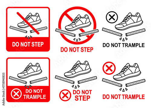Do not step fragile packaging, no trample, forbidden walk foot on cardboard box package, breakable surface warning sign. Handle with care. Danger break parcel with shoes. Safety cargo delivery. Vector