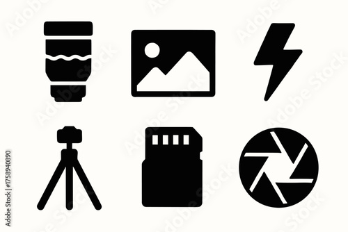 Icon set featuring lens, image, flash, tripod, memory card, shutter