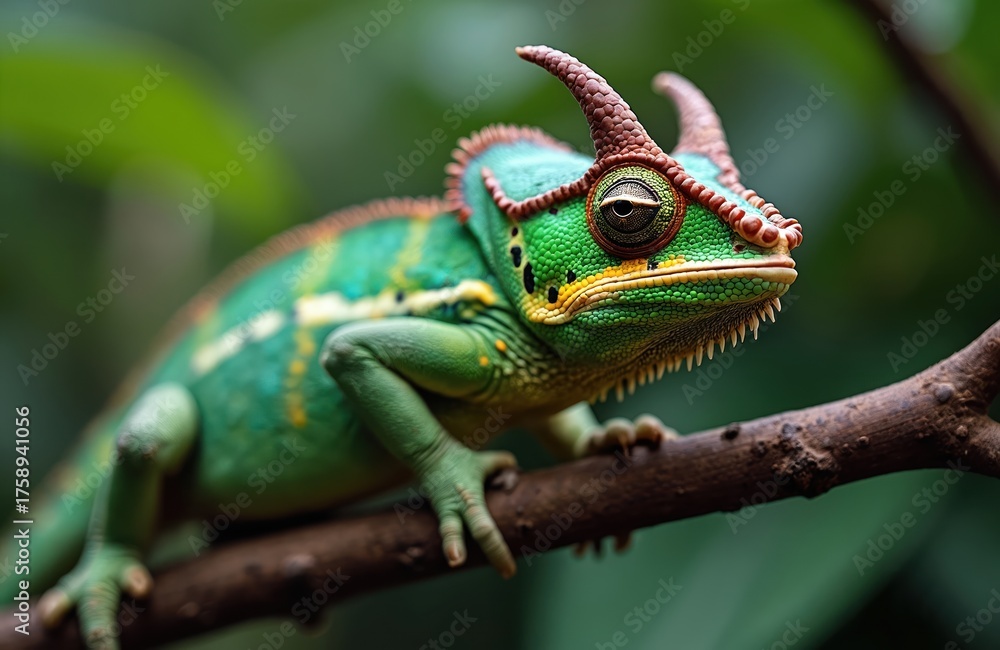 Fototapeta premium A green Usambara three-horned chameleon with yellow stripes sits on a tree branch in its natural habitat. Its unique horns and vibrant skin colors are visible against a blurred forest background.