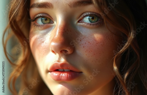 Wallpaper Mural Close-up portrait of young woman with striking green eyes, freckles. Natural light highlights skin, features. Image focuses on beauty, youthfulness, serene expression. Suggests digital art creation. Torontodigital.ca