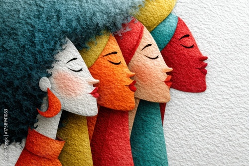 Four women with diverse hairstyles represent strength and unity in colorful ethnic art