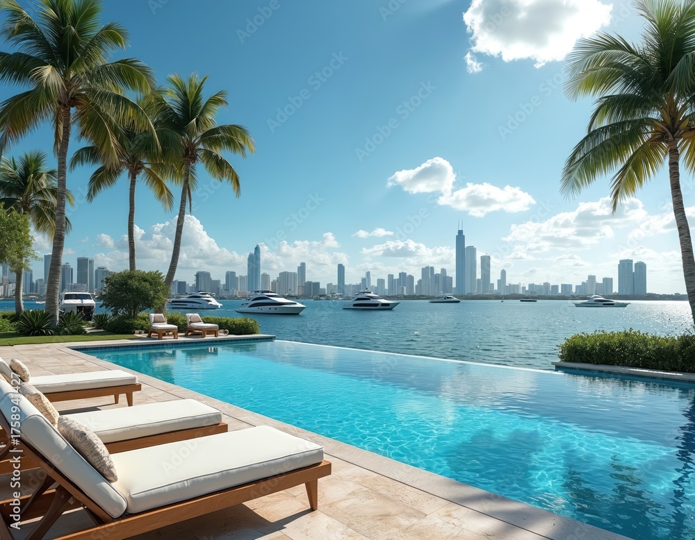 Fototapeta premium Luxury Miami waterfront estate with infinity pool overlooking city skyline and yachts. Palm trees sway near Bayside Beach offering tropical vacation vibes and upscale relaxation.