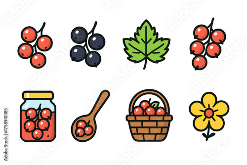 Cute berry icons with leaf spoon basket flower jam jar