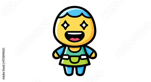 Adorable cartoon character with blue hair and a green apron.
