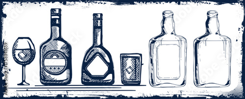 Different bottles with alcohol and different glasses. Vector illustration in sketch style