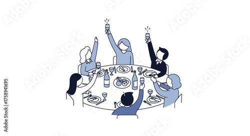 Illustration of People Celebrating Around a Table with Drinks.