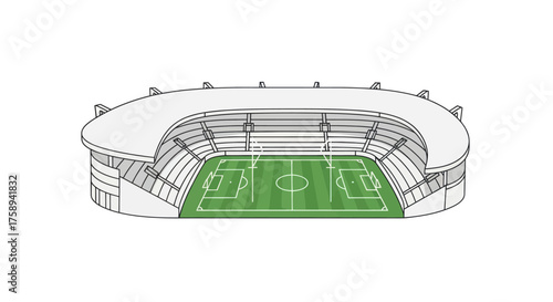 Modern Sports Stadium with Green Soccer Field and Seating.