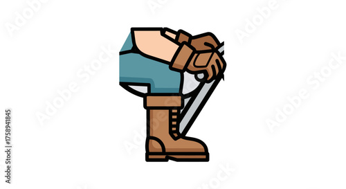 Stylized Person Holding Knife Wearing Brown Boots and Gloves.