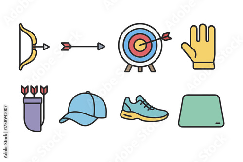 Archery equipment set: bow, target, glove, quiver, cap, shoe, mat icons