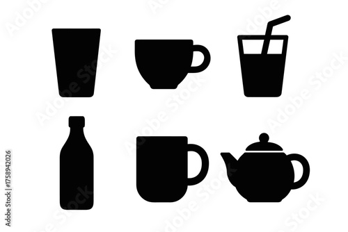 Collection of black silhouette beverage icons including cups and teapot