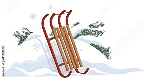 Traditional wooden sled resting on snowy ground with evergreen branches overhead, symbolizing winter fun and outdoor recreation