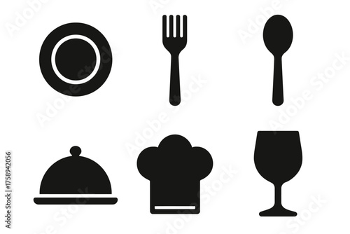 Silhouette icons of plate, fork, spoon, dish cover, chef hat, and wine glass
