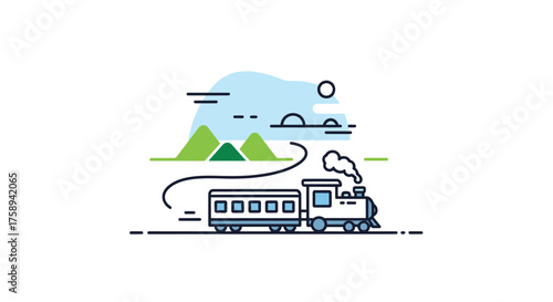 Vintage steam train traveling through a scenic mountain landscape.