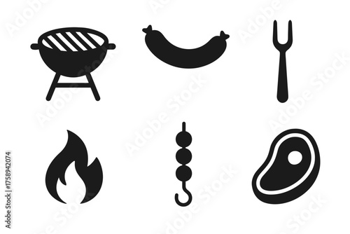 Bbq icons: grill, sausage, fork, fire, skewer, steak silhouettes