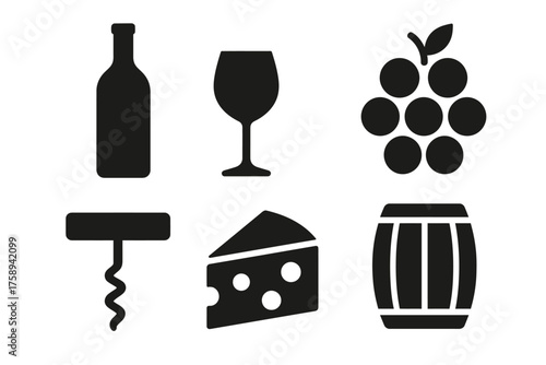 Wine icons: bottle, glass, grapes, corkscrew, cheese, barrel silhouettes