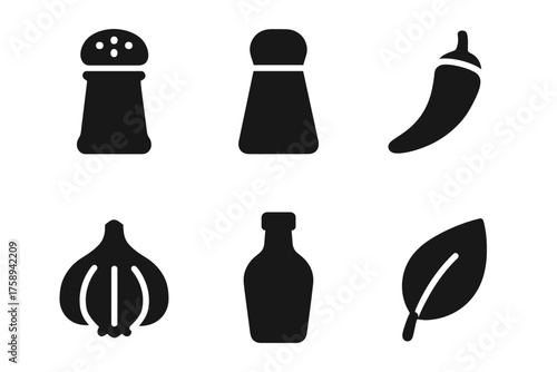 Spice and herb silhouettes: salt, pepper, chili, garlic, sauce, leaf