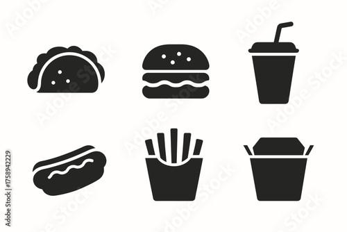 Icons of fast food: taco, burger, drink, hotdog, fries, takeout box